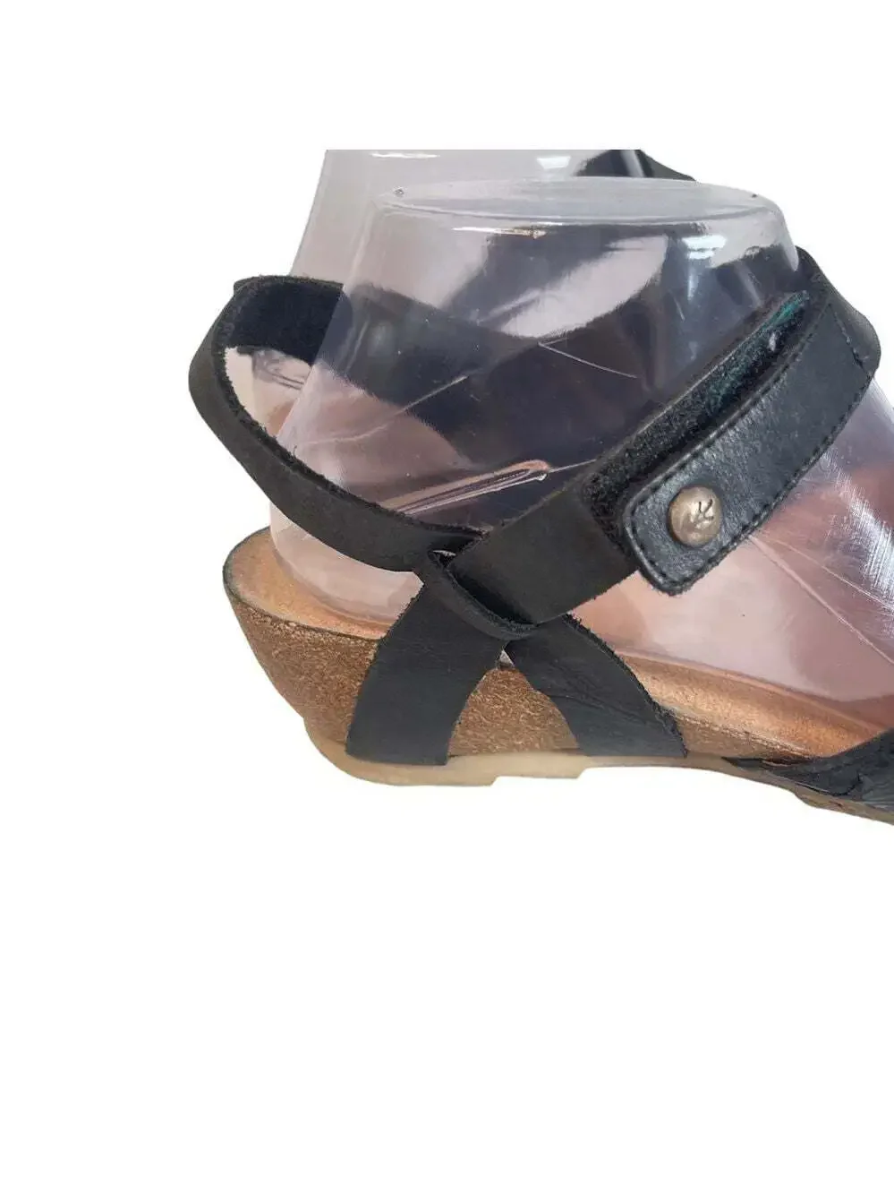 Wanda Panda Tina Black Leather Comfort Wedge Sandals Hook Loop Womens 9